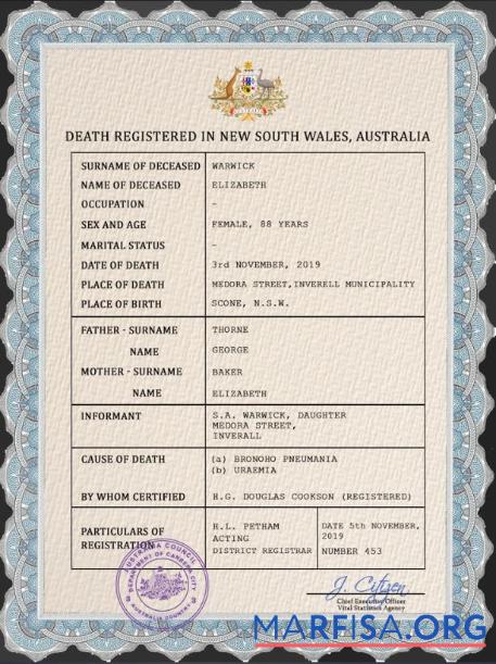 Realistic Australia vital record death certificate PSD template